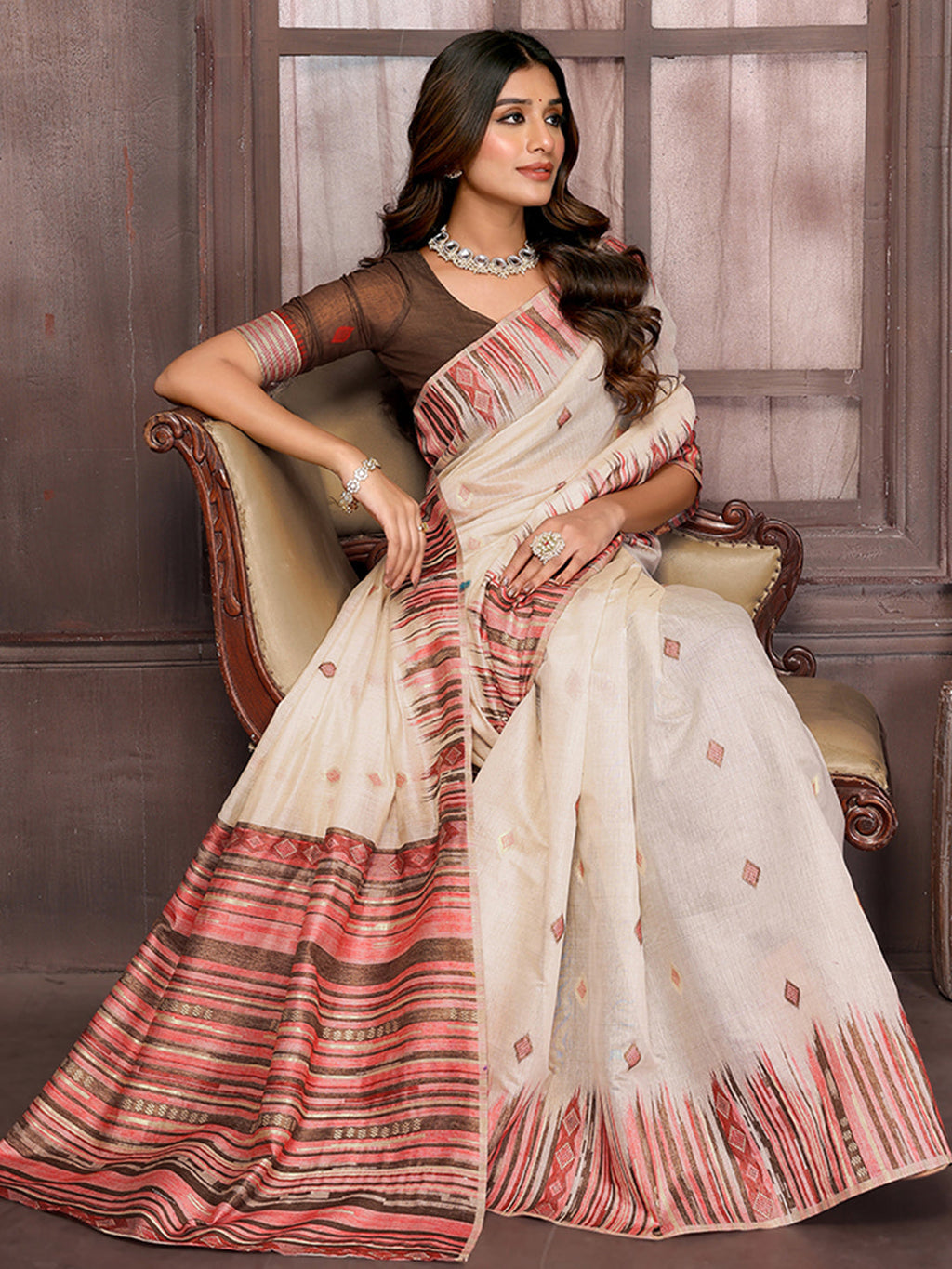 Janasya Beige Chanderi Geometric Woven Saree - Distacart
