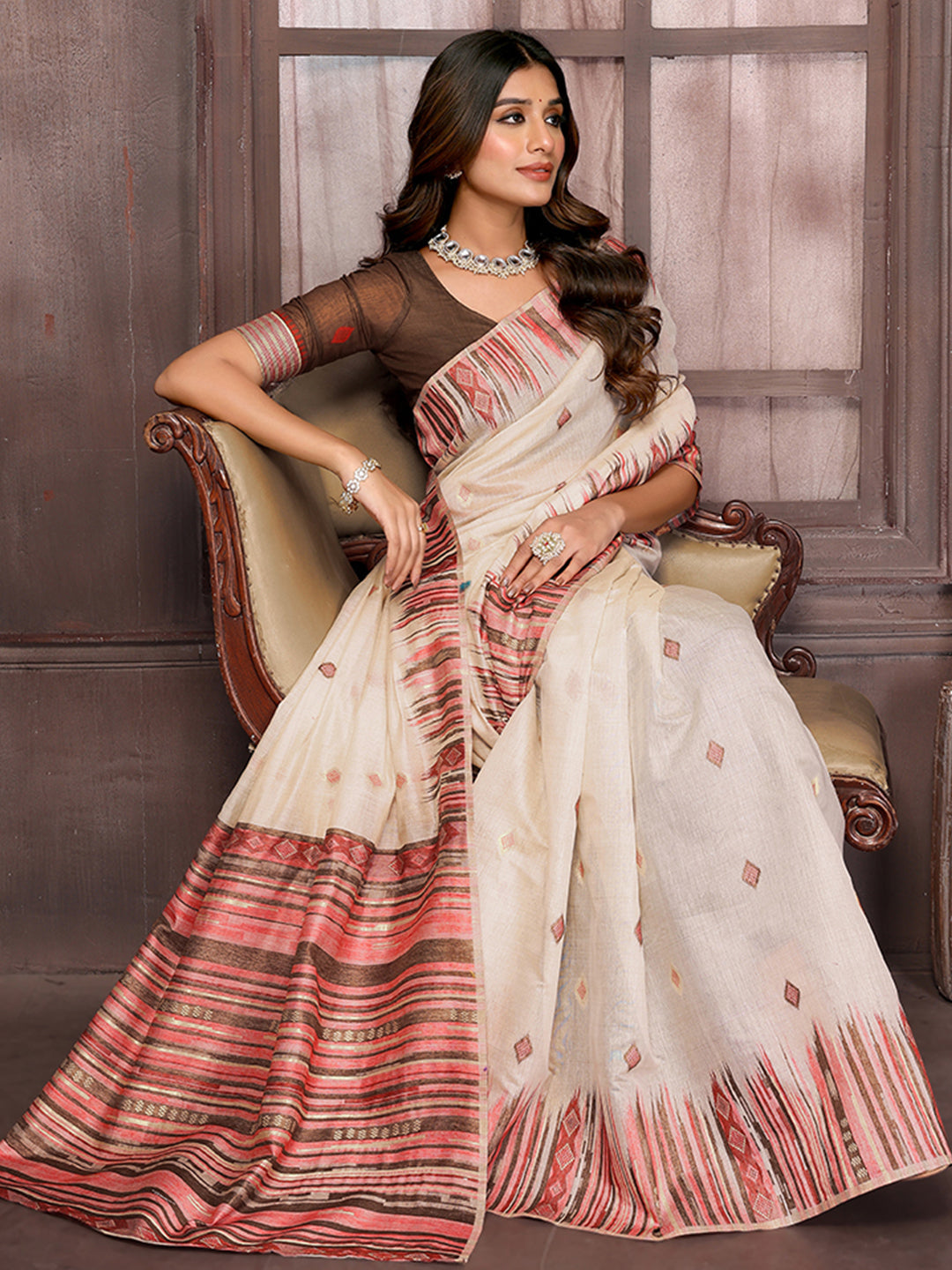 Janasya Beige Chanderi Geometric Woven Saree - Distacart
