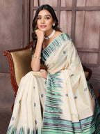 Janasya Beige & Blue Chanderi Geometric Woven Saree - Distacart