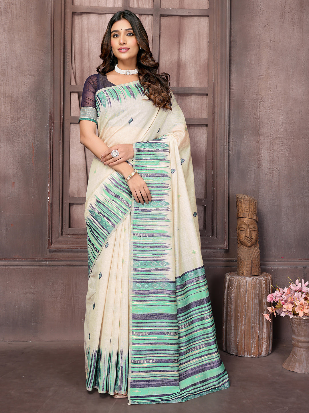 Janasya Beige & Blue Chanderi Geometric Woven Saree - Distacart