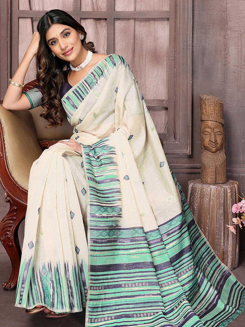 Janasya Beige & Blue Chanderi Geometric Woven Saree - Distacart