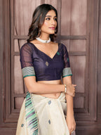 Janasya Beige & Blue Chanderi Geometric Woven Saree - Distacart