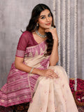Janasya Beige & Mauve Cotton Linen Geometric Woven Saree - Distacart