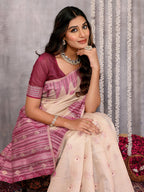 Janasya Beige & Mauve Cotton Linen Geometric Woven Saree - Distacart