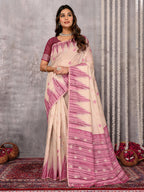 Janasya Beige & Mauve Cotton Linen Geometric Woven Saree - Distacart