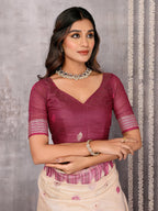 Janasya Beige & Mauve Cotton Linen Geometric Woven Saree - Distacart