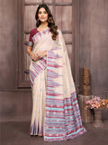 Janasya Beige & Wine Chanderi Geometric Woven Saree - Distacart