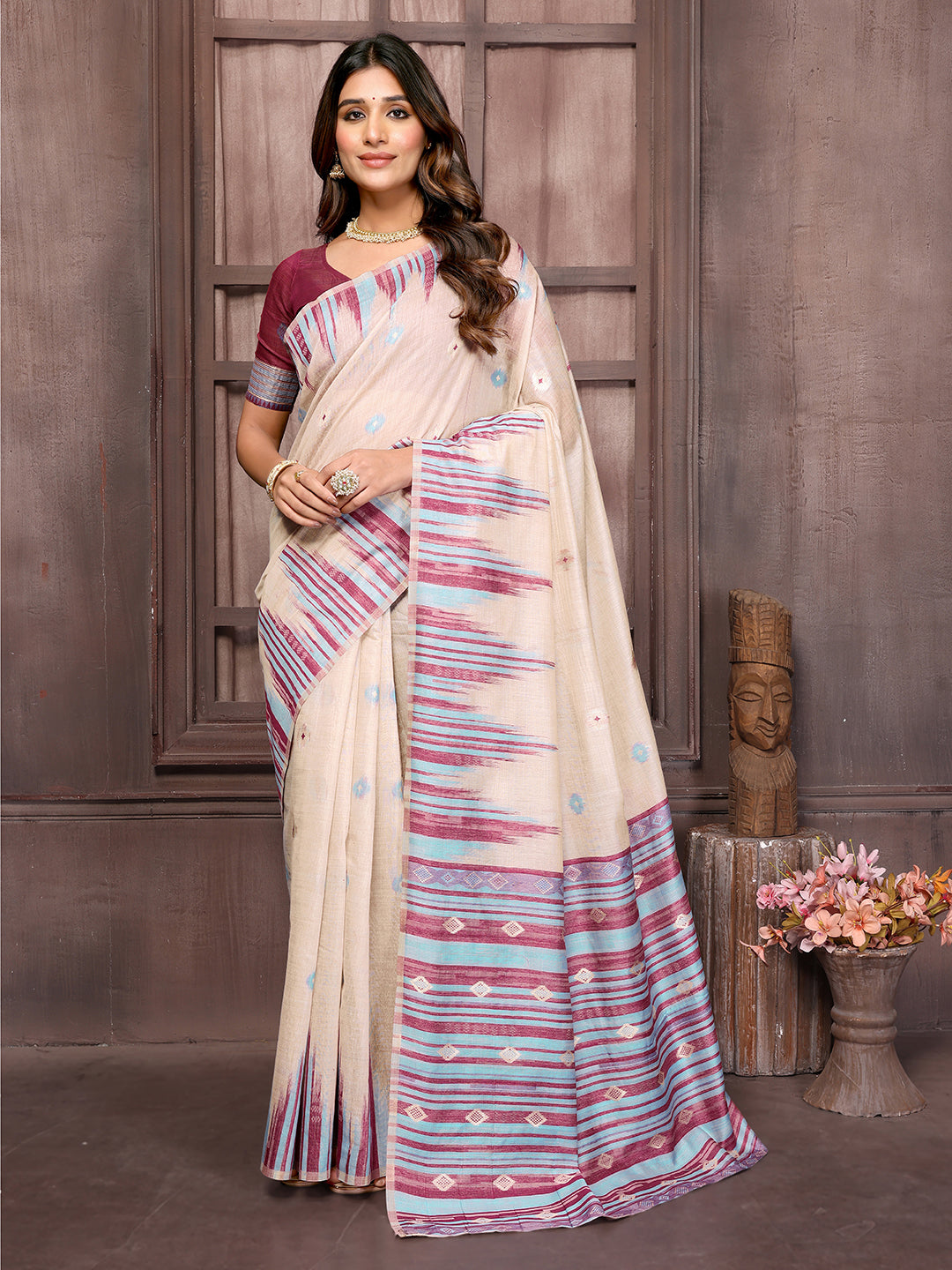 Janasya Beige & Wine Chanderi Geometric Woven Saree - Distacart