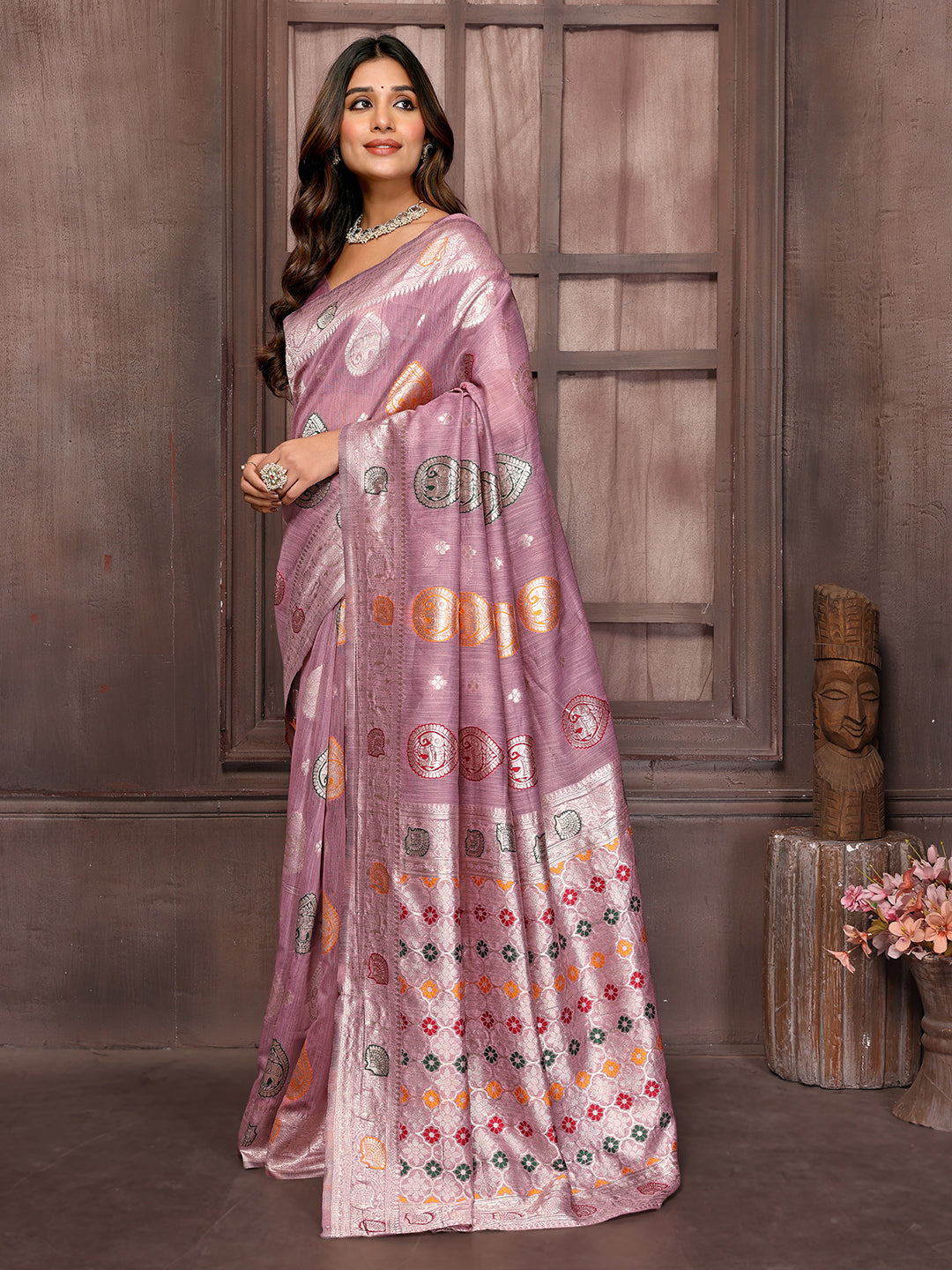 Janasya Mauve Cotton Linen Ethnic Print Woven Saree - Distacart