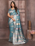 Janasya Blue Cotton Linen Ethnic Motifs Kanjivaram Saree - Distacart