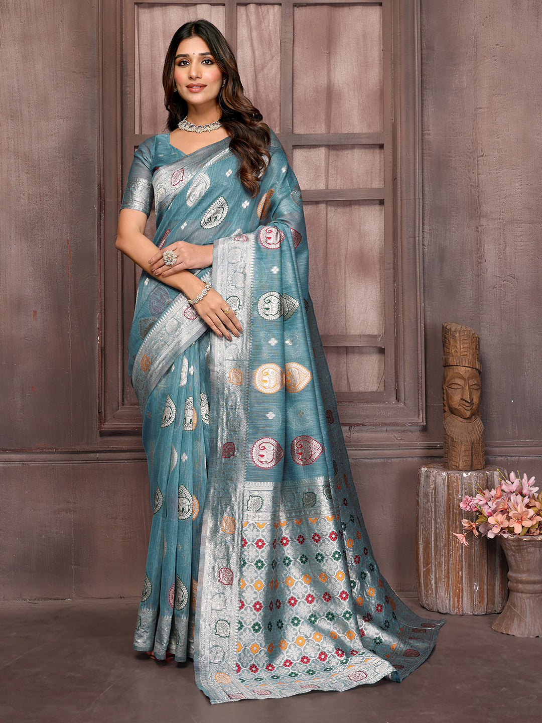 Janasya Blue Cotton Linen Ethnic Motifs Kanjivaram Saree - Distacart