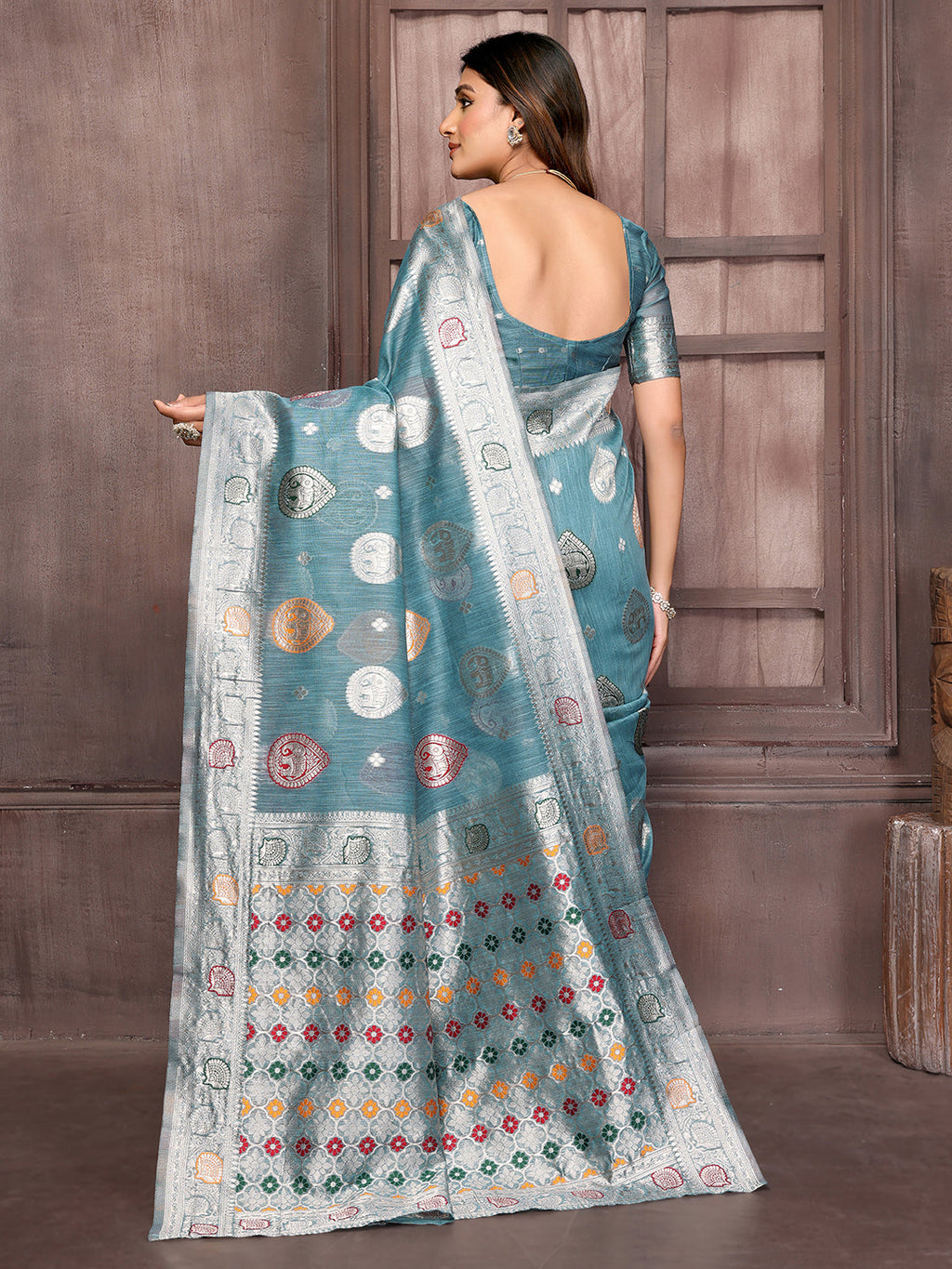 Janasya Blue Cotton Linen Ethnic Motifs Kanjivaram Saree - Distacart