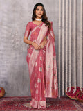 Janasya Pink Cotton Linen Floral Woven Saree - Distacart