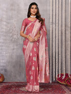 Janasya Pink Cotton Linen Floral Woven Saree - Distacart