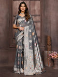 Janasya Grey Cotton Linen Ethnic Motifs Woven Saree - Distacart