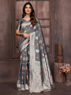 Janasya Grey Cotton Linen Ethnic Motifs Woven Saree - Distacart