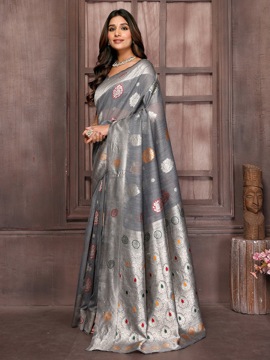 Janasya Grey Cotton Linen Ethnic Motifs Woven Saree - Distacart
