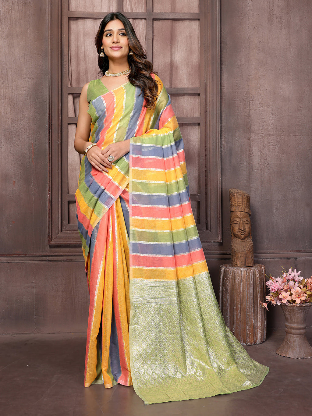 Janasya Multicolor Cotton Striped Woven Saree - Distacart