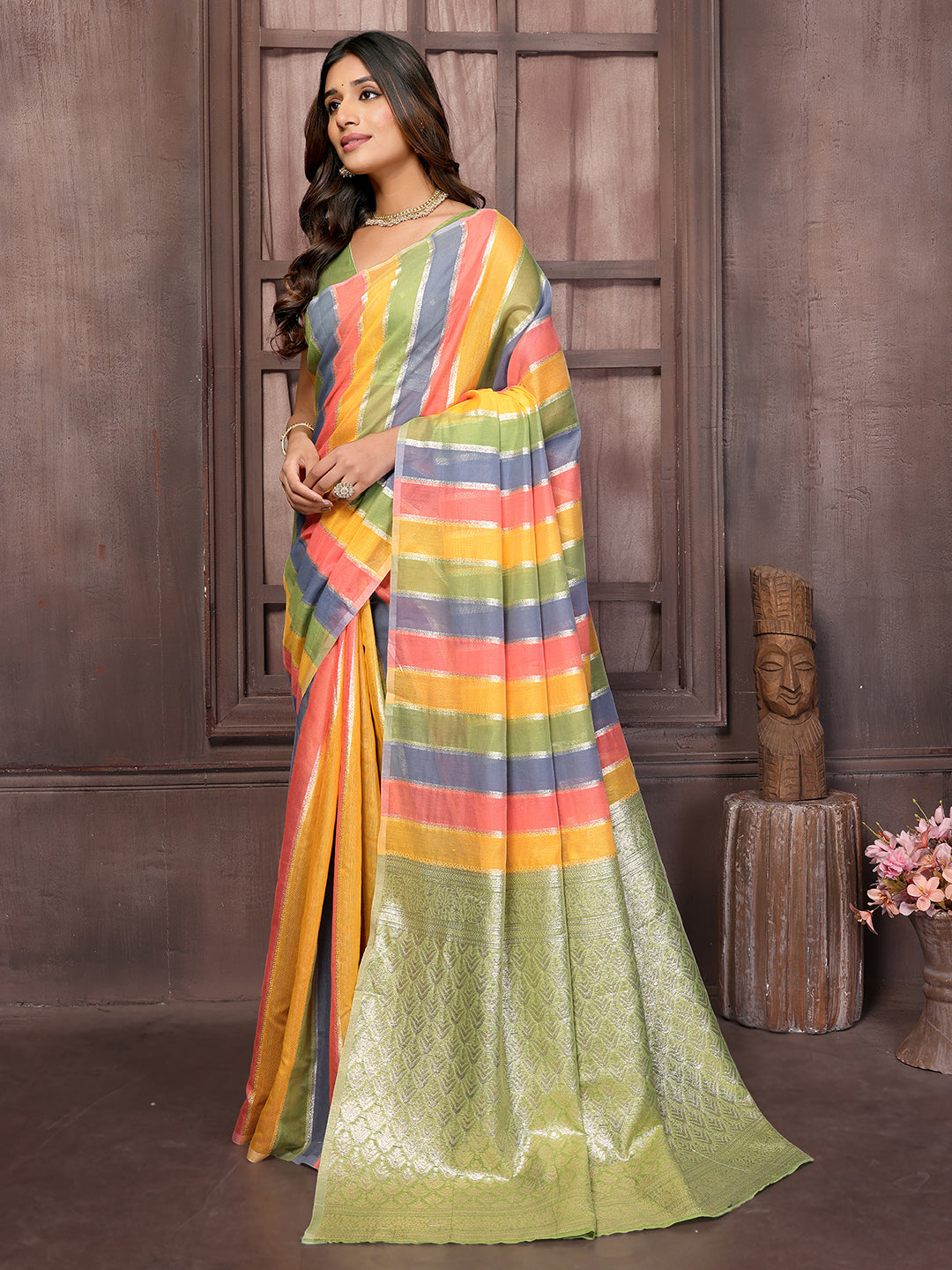 Janasya Multicolor Cotton Striped Woven Saree - Distacart