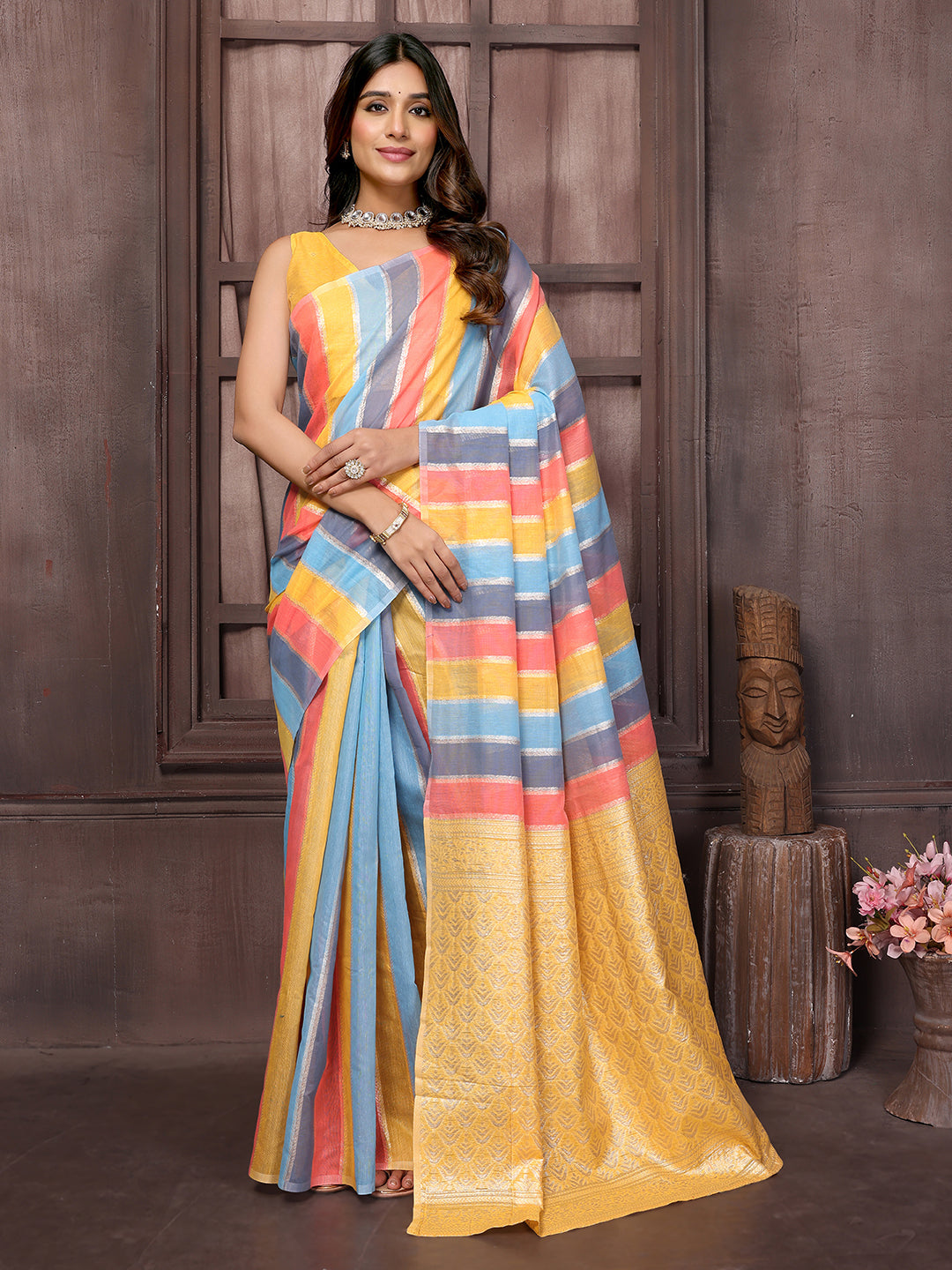 Janasya Multicolor Cotton Striped Woven Saree - Distacart