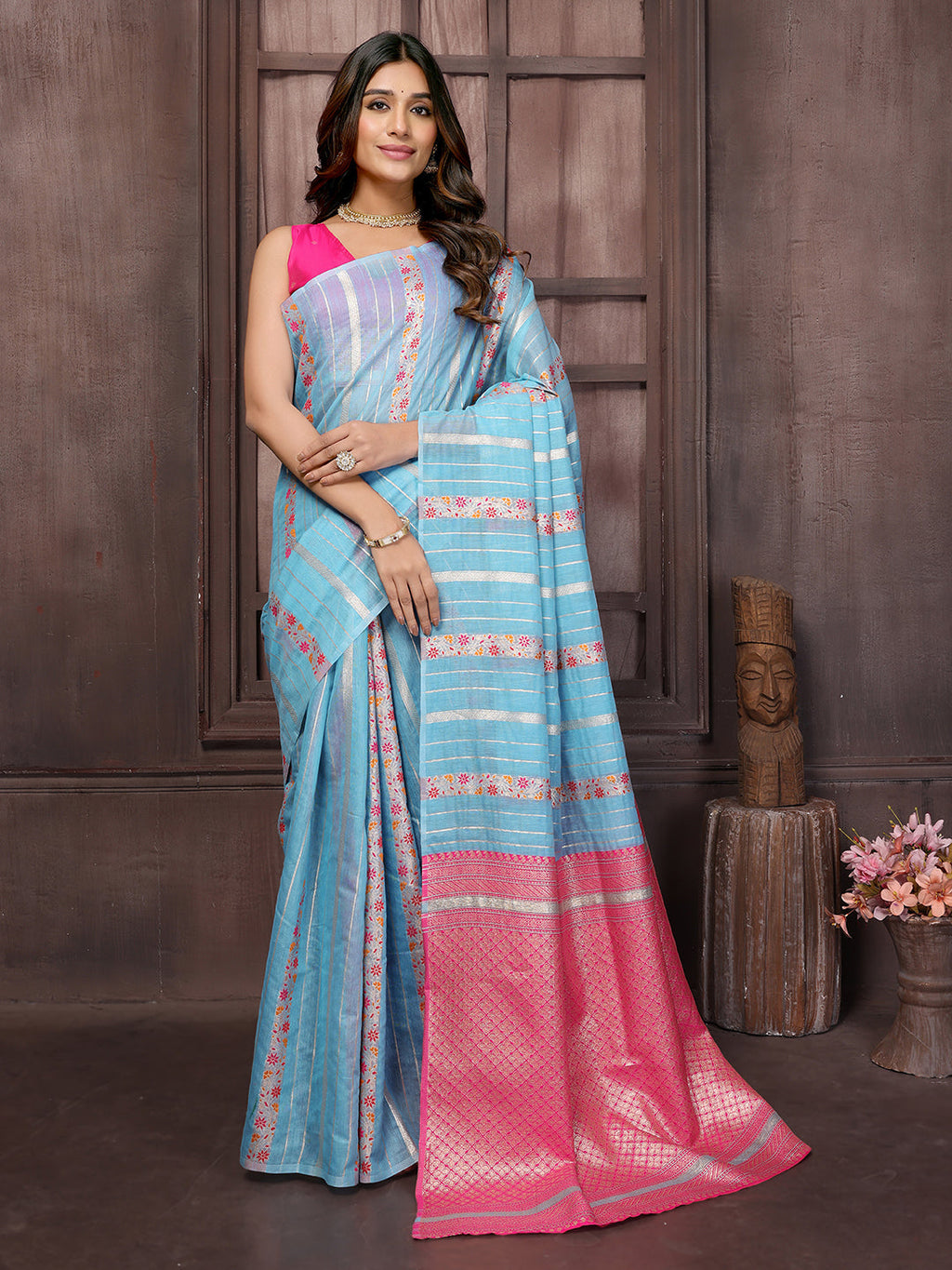 Janasya Light Blue Cotton Ethnic Print Jacquard Saree - Distacart