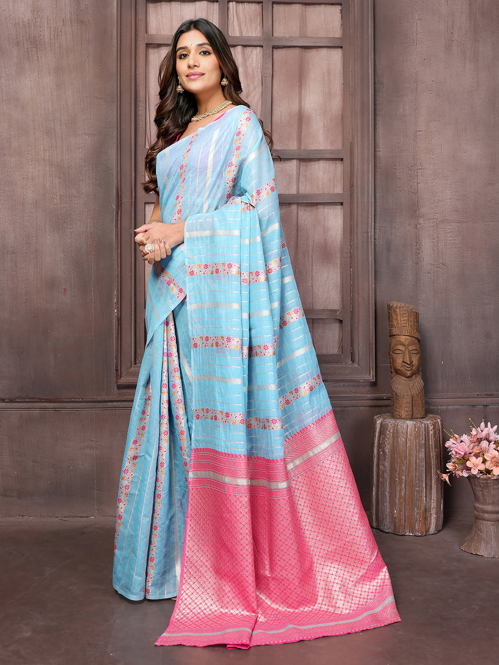 Janasya Light Blue Cotton Ethnic Print Jacquard Saree - Distacart
