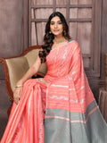 Janasya Peach Cotton Ethnic Print Jacquard Saree - Distacart