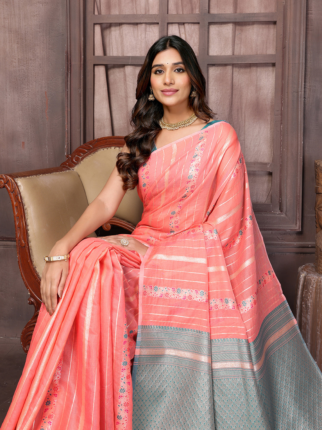 Janasya Peach Cotton Ethnic Print Jacquard Saree - Distacart