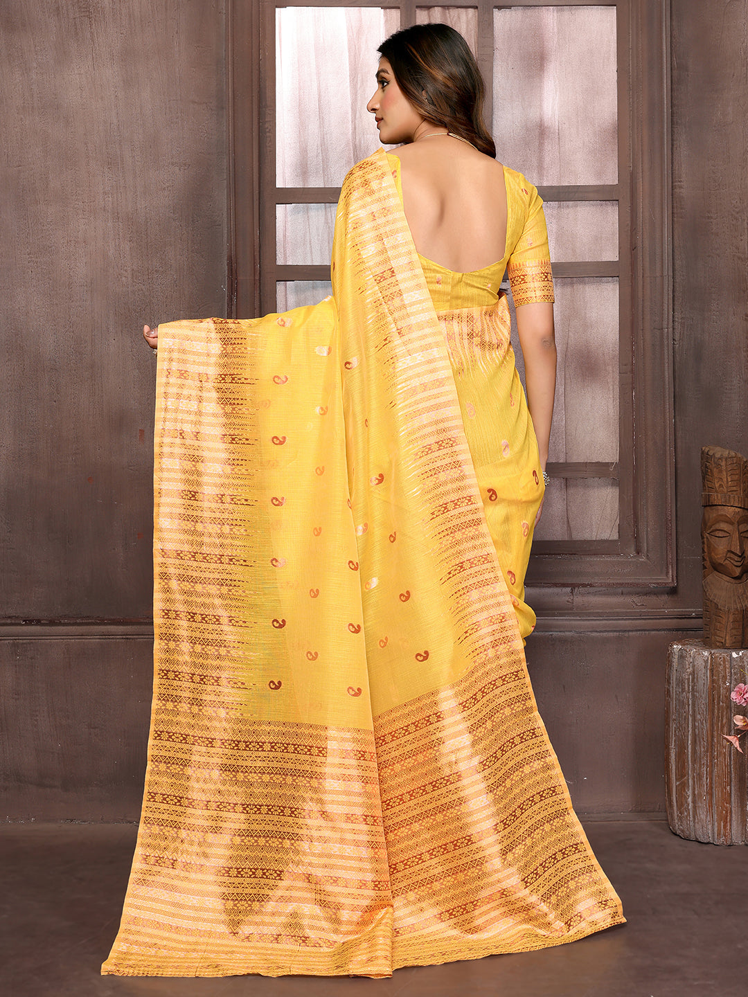 Janasya Yellow Cotton Linen Paisley Woven Saree - Distacart