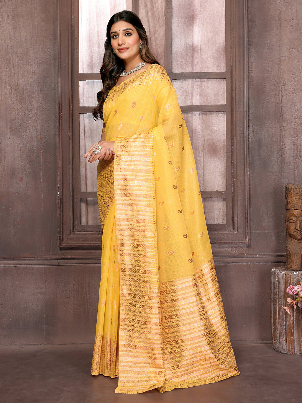 Janasya Yellow Cotton Linen Paisley Woven Saree - Distacart