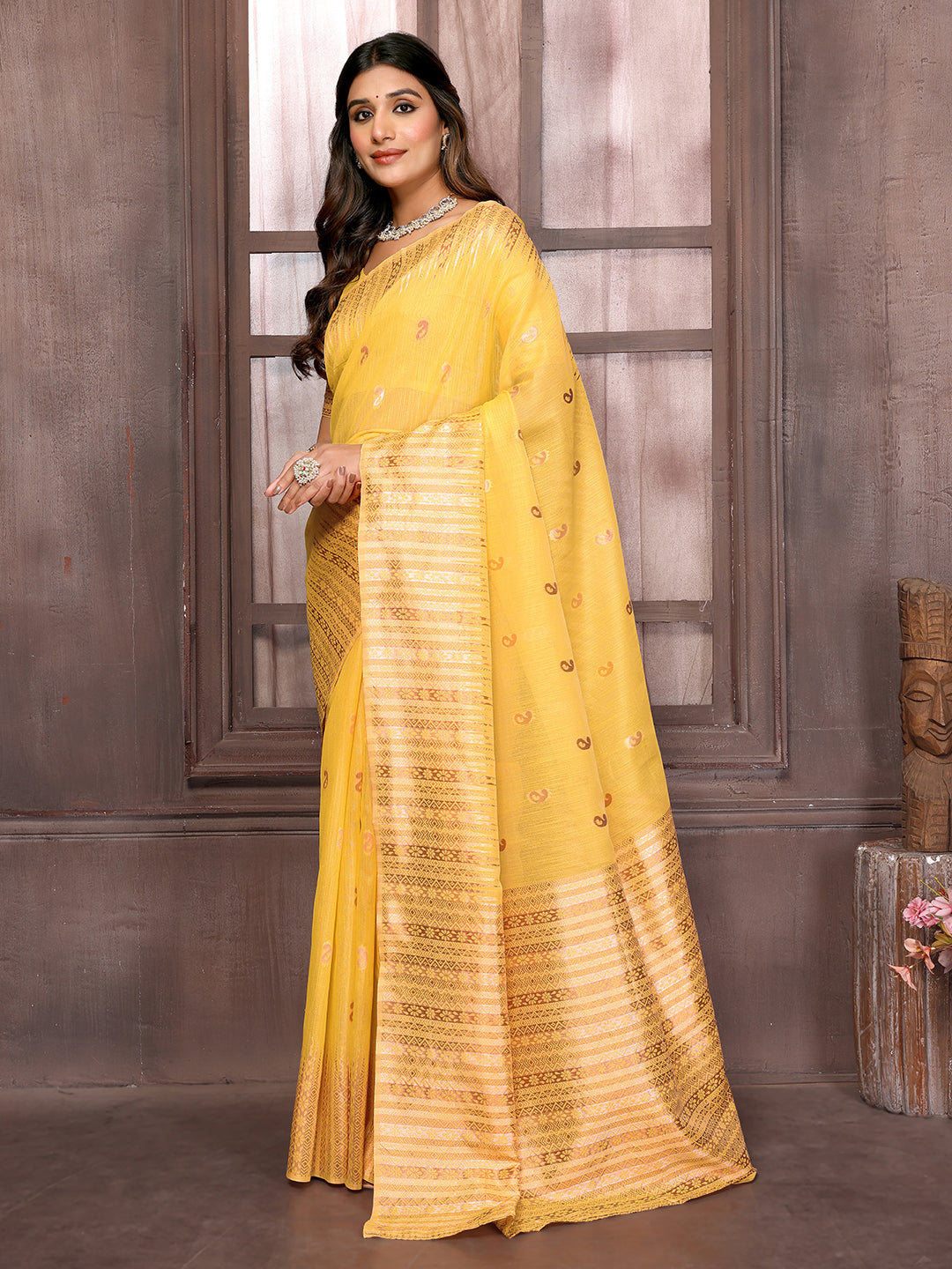 Janasya Yellow Cotton Linen Paisley Woven Saree - Distacart
