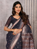 Janasya Black Cotton Linen Geometric Woven Saree - Distacart
