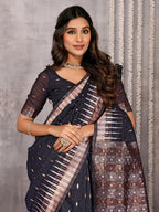 Janasya Black Cotton Linen Geometric Woven Saree - Distacart