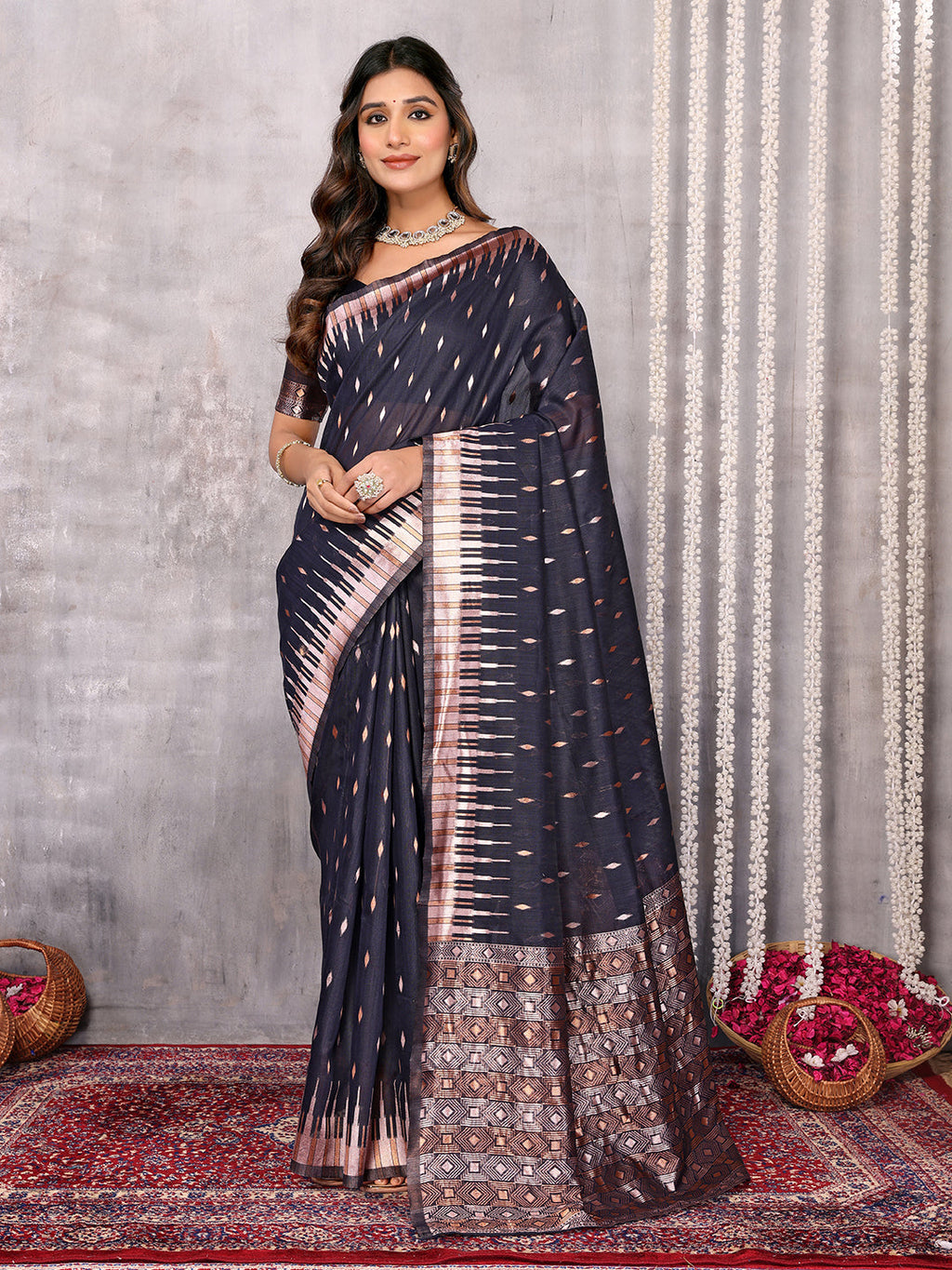 Janasya Black Cotton Linen Geometric Woven Saree - Distacart