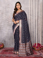 Janasya Black Cotton Linen Geometric Woven Saree - Distacart