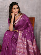 Janasya Purple Cotton Linen Geometric Woven Saree - Distacart