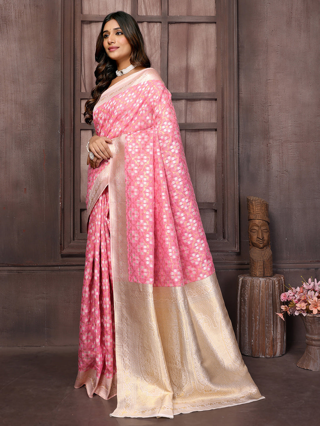 Janasya Pink Cotton Ethnic Motifs Woven Saree - Distacart