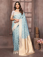Janasya Light Blue Cotton Ethnic Motifs Woven Saree - Distacart