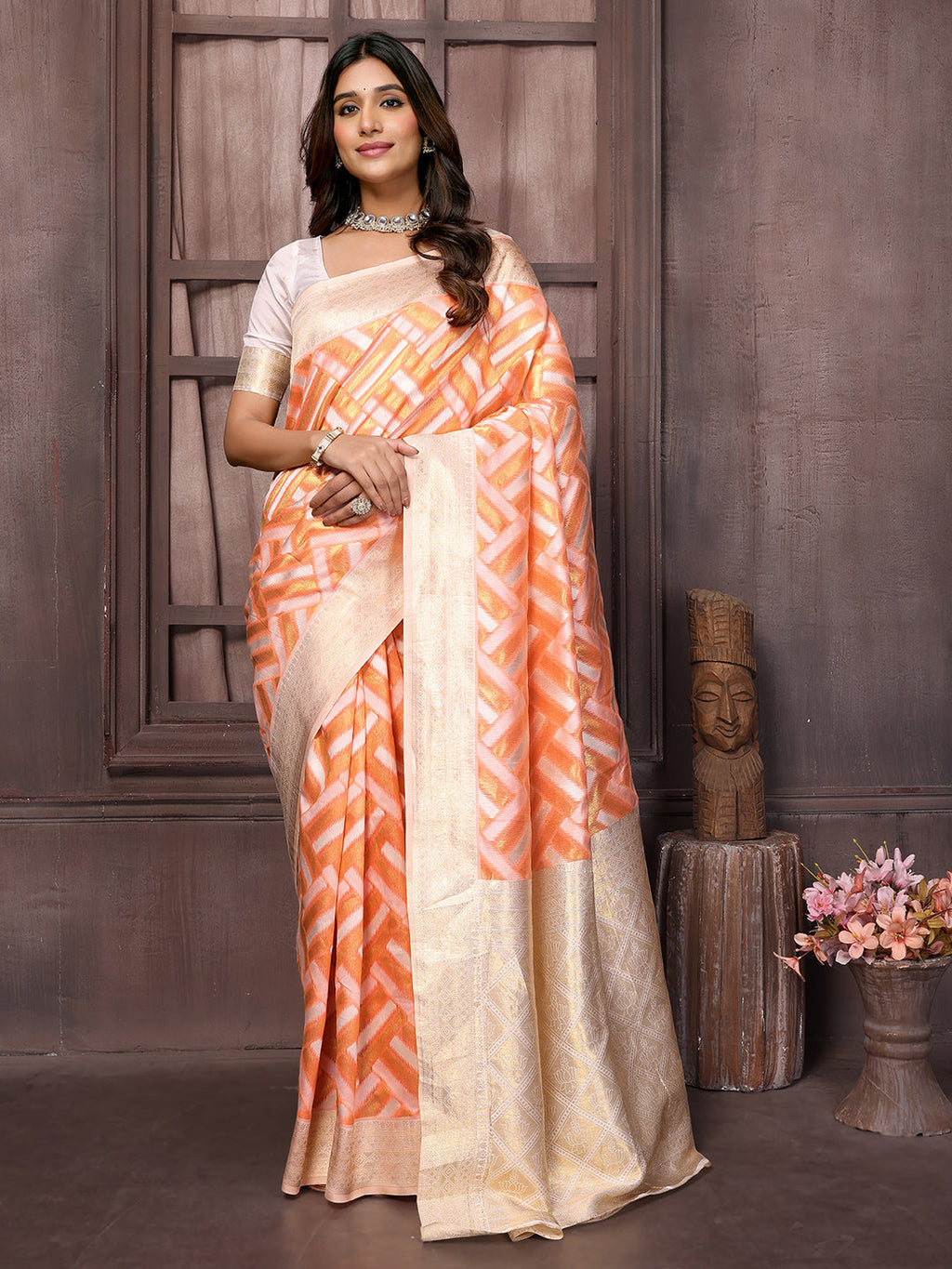 Janasya Peach Cotton Geometric Woven Saree - Distacart