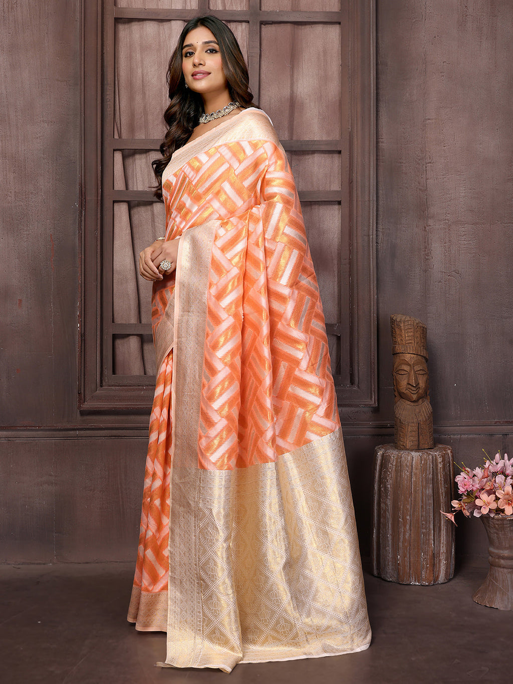 Janasya Peach Cotton Geometric Woven Saree - Distacart