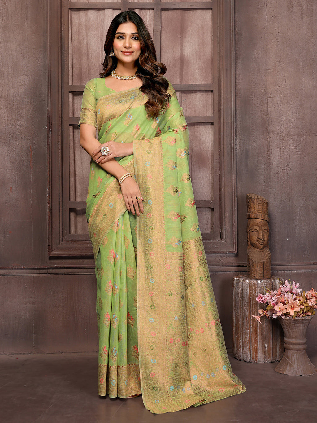 Janasya Green Cotton Linen Ethnic Print Kanjivaram Saree - Distacart