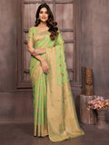 Janasya Green Cotton Linen Ethnic Print Kanjivaram Saree - Distacart
