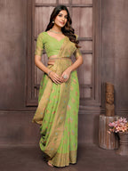 Janasya Green Cotton Linen Ethnic Print Kanjivaram Saree - Distacart