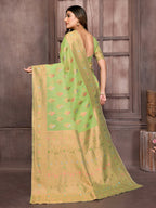 Janasya Green Cotton Linen Ethnic Print Kanjivaram Saree - Distacart