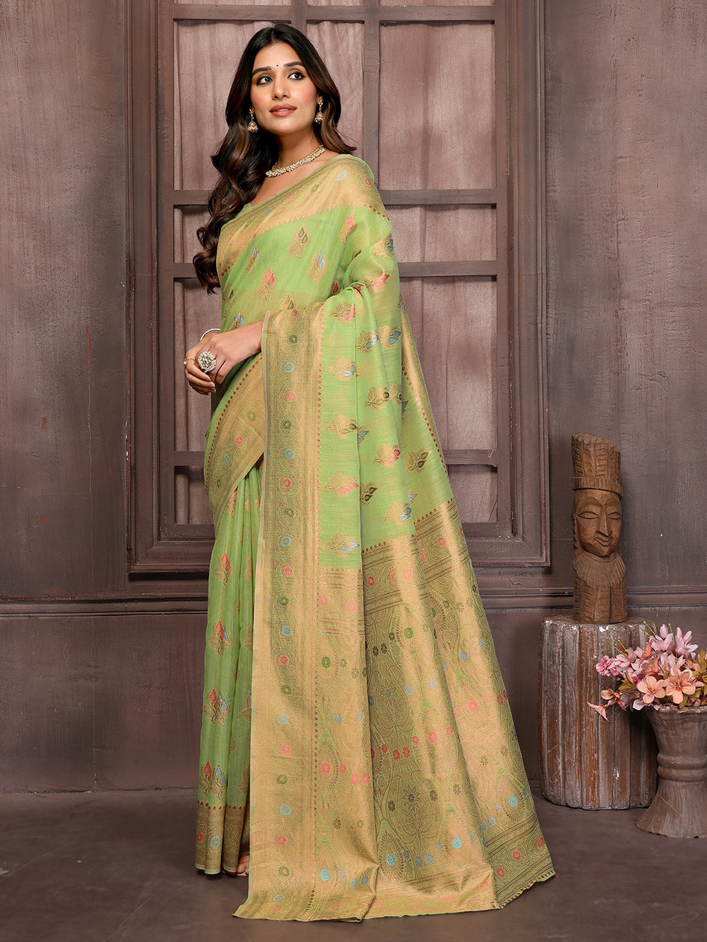 Janasya Green Cotton Linen Ethnic Print Kanjivaram Saree - Distacart