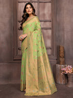 Janasya Green Cotton Linen Ethnic Print Kanjivaram Saree - Distacart