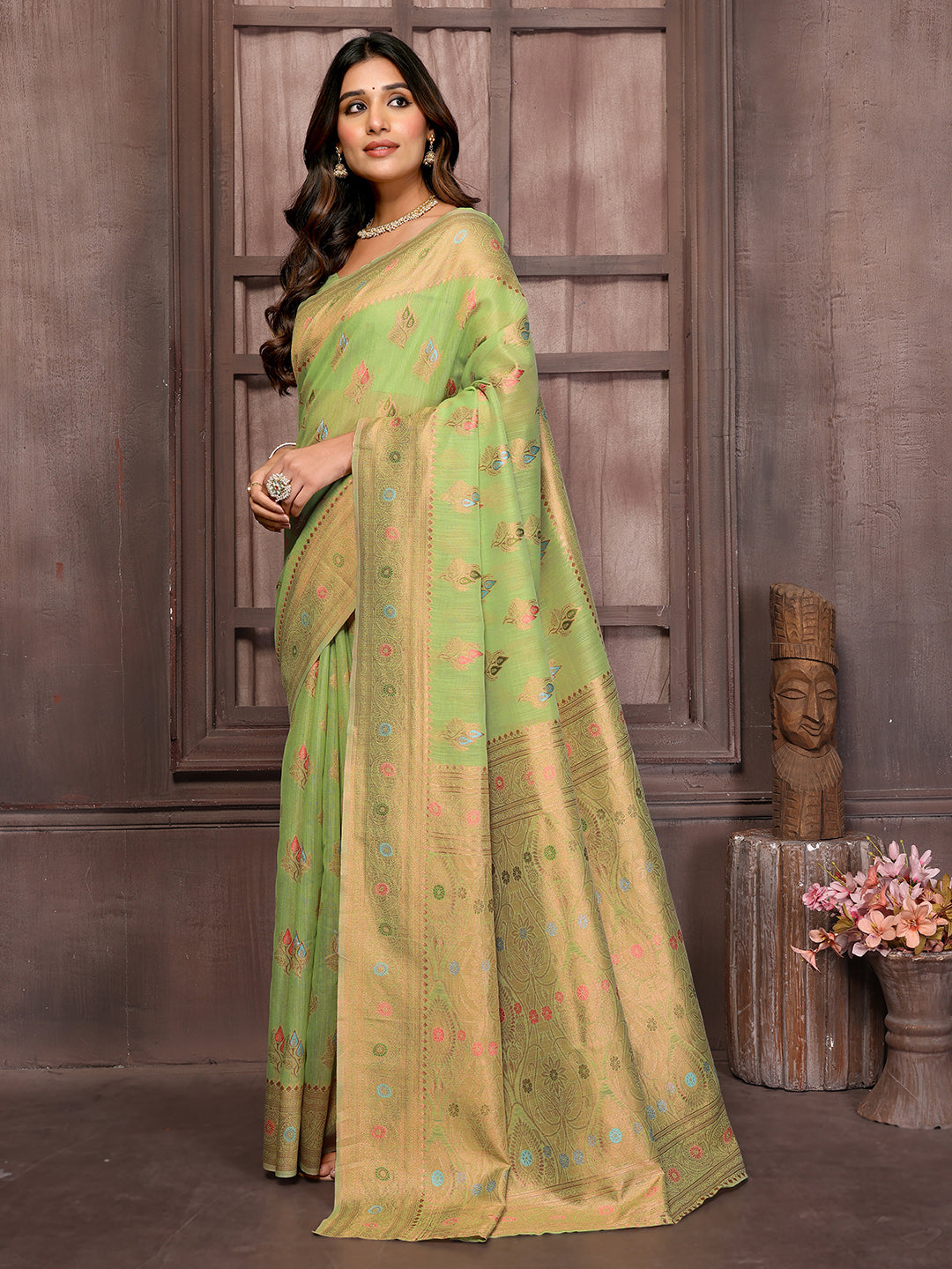 Janasya Green Cotton Linen Ethnic Print Kanjivaram Saree - Distacart