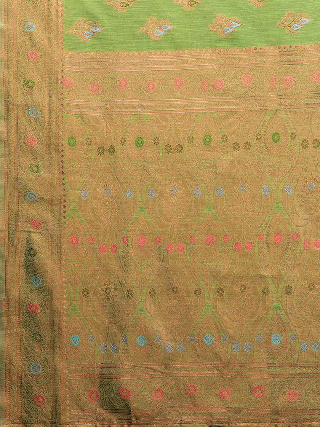Janasya Green Cotton Linen Ethnic Print Kanjivaram Saree - Distacart