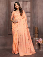 Janasya Peach Cotton Linen Ethnic Print Kanjivaram Saree - Distacart