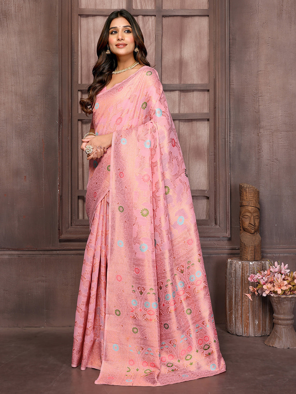 Janasya Pink Cotton Linen Floral Woven Saree - Distacart